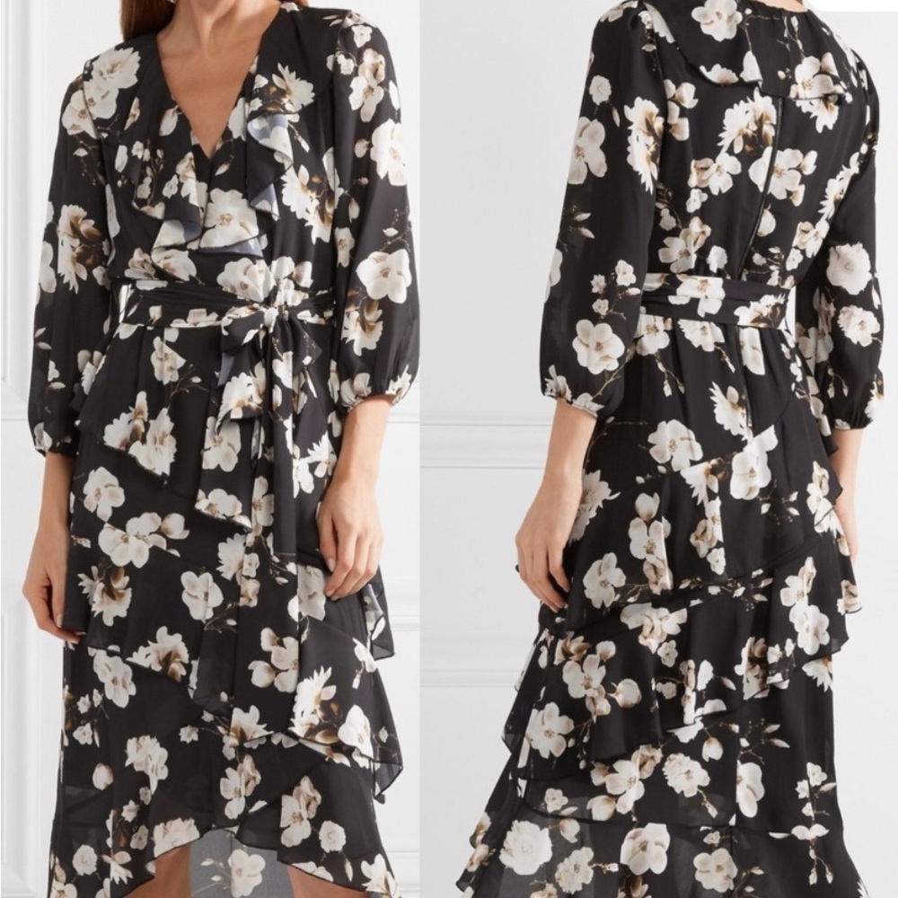 Alice & Olivia Black Floral Ruffle kye Wrap Midi Dress - White Floral